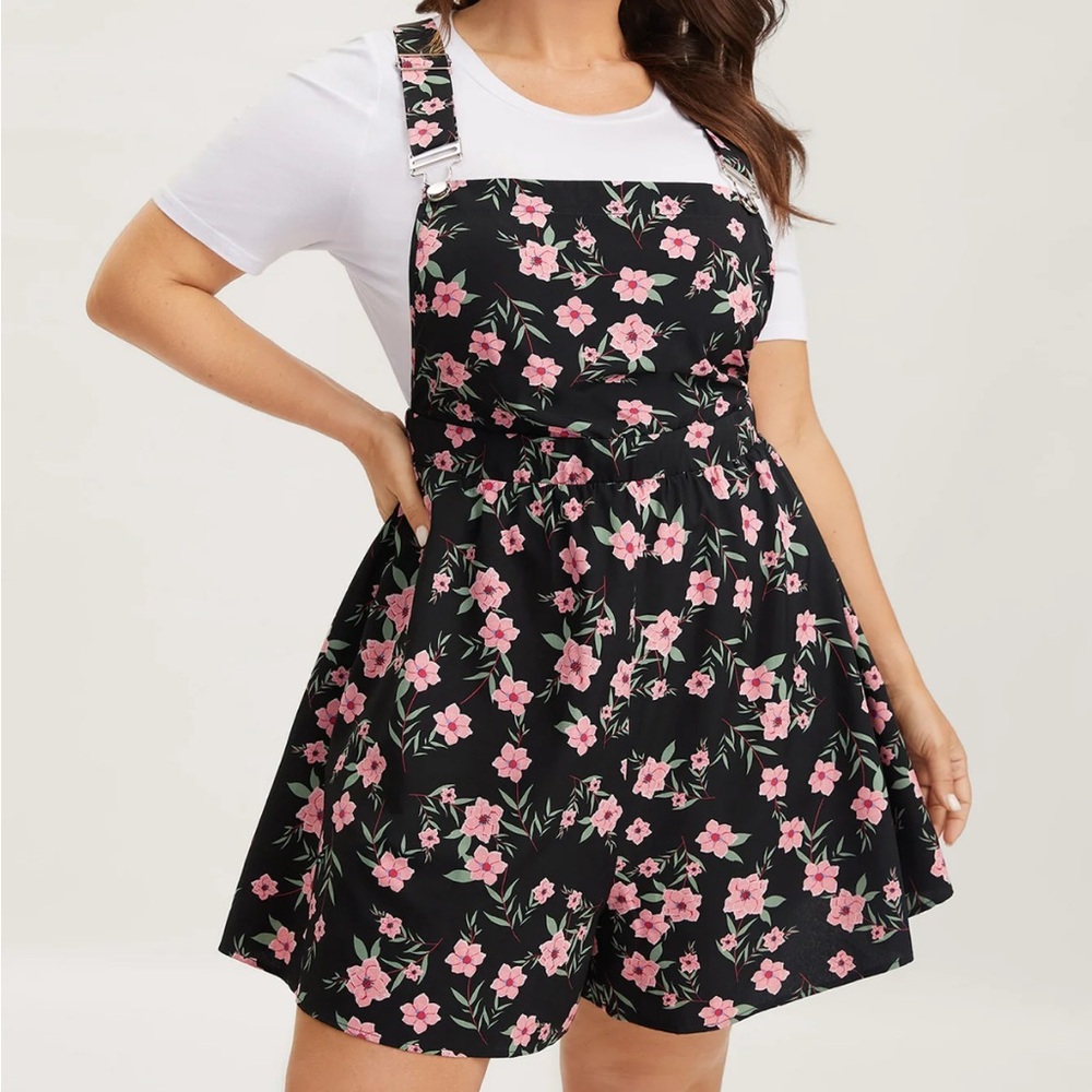 Floral Black and Pink Women's Short Overalls